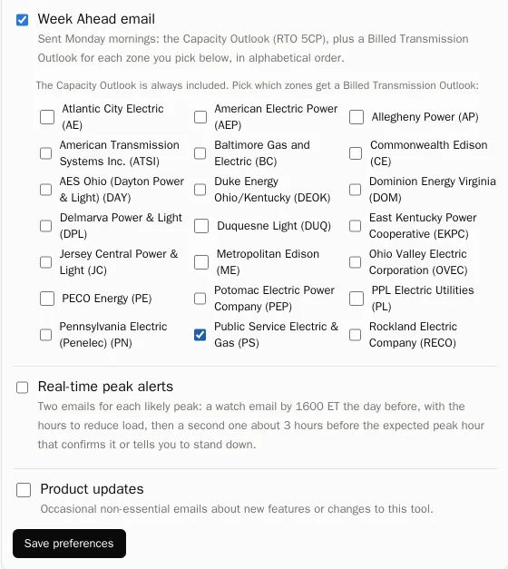 Email preferences: Week Ahead email enabled with Public Service Electric & Gas selected, plus options for real-time peak alerts and product updates